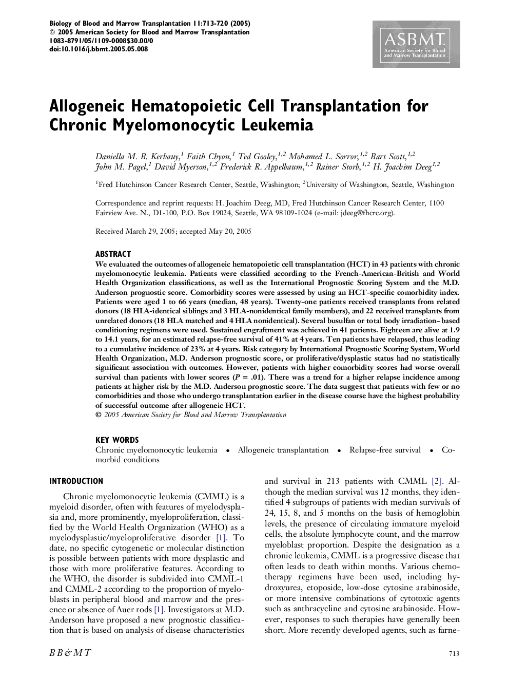 Allogeneic Hematopoietic Cell Transplantation for Chronic Myelomonocytic Leukemia