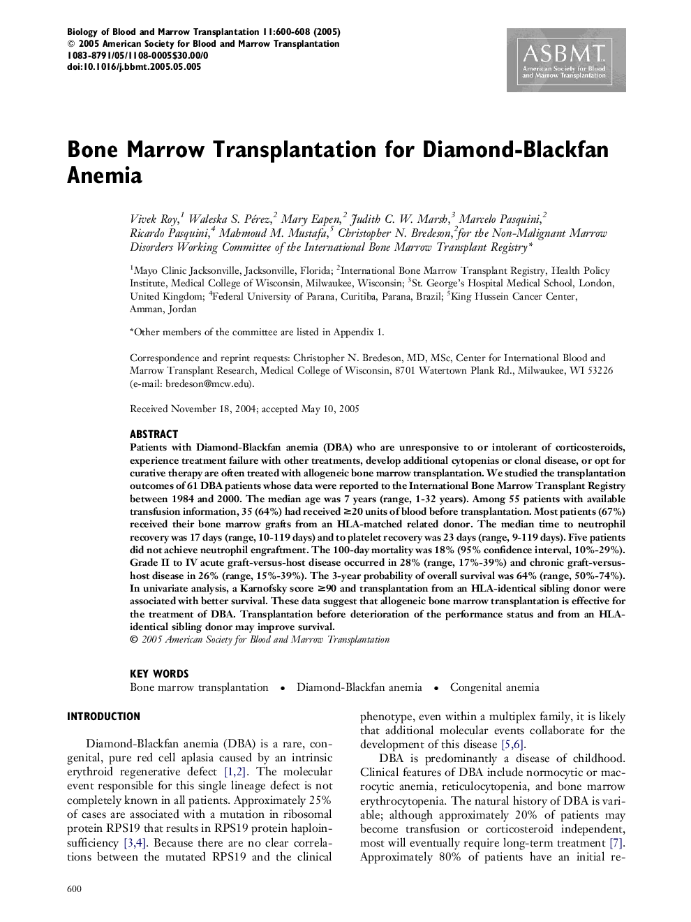 Bone Marrow Transplantation for Diamond-Blackfan Anemia