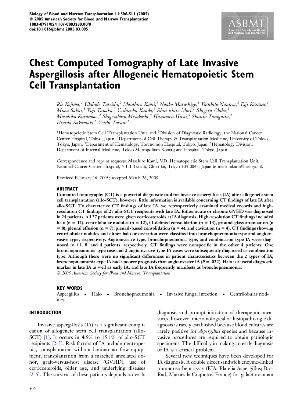 Chest Computed Tomography of Late Invasive Aspergillosis after Allogeneic Hematopoietic Stem Cell Transplantation