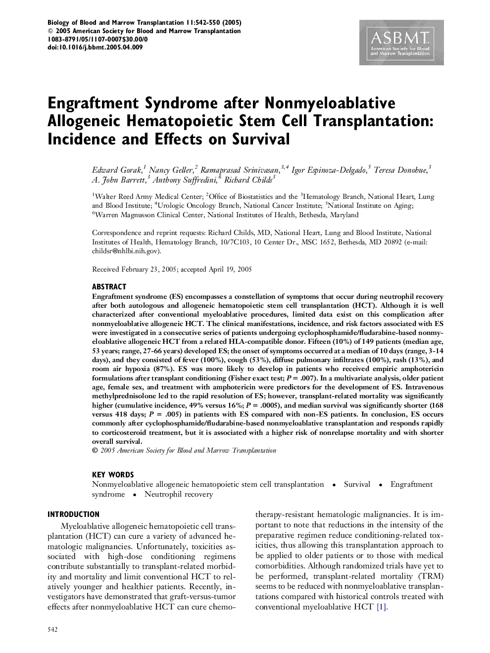 Engraftment Syndrome after Nonmyeloablative Allogeneic Hematopoietic Stem Cell Transplantation: Incidence and Effects on Survival