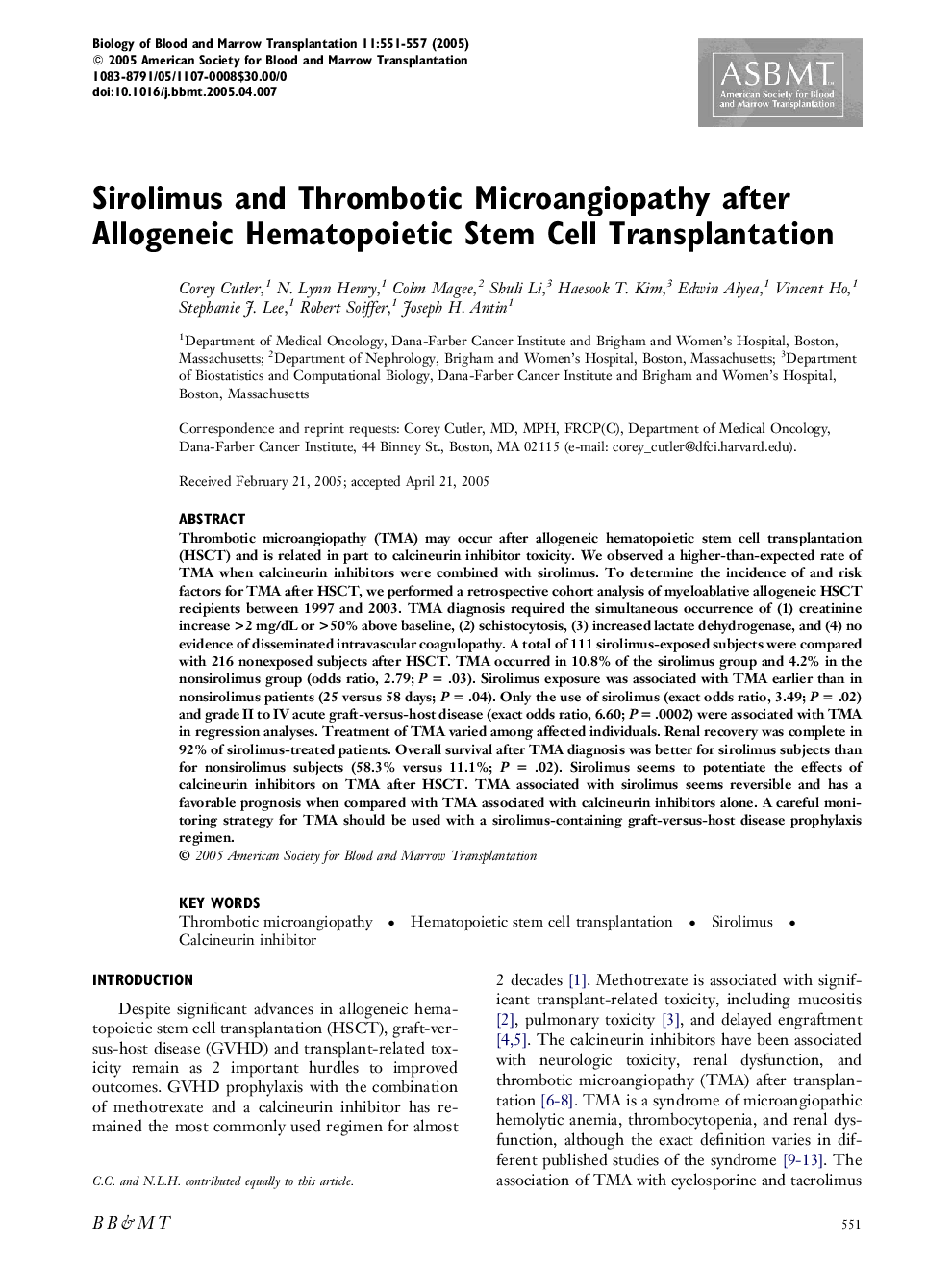 Sirolimus and Thrombotic Microangiopathy after Allogeneic Hematopoietic Stem Cell Transplantation