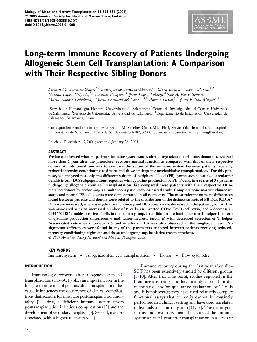 Long-term Immune Recovery of Patients Undergoing Allogeneic Stem Cell Transplantation: A Comparison with Their Respective Sibling Donors