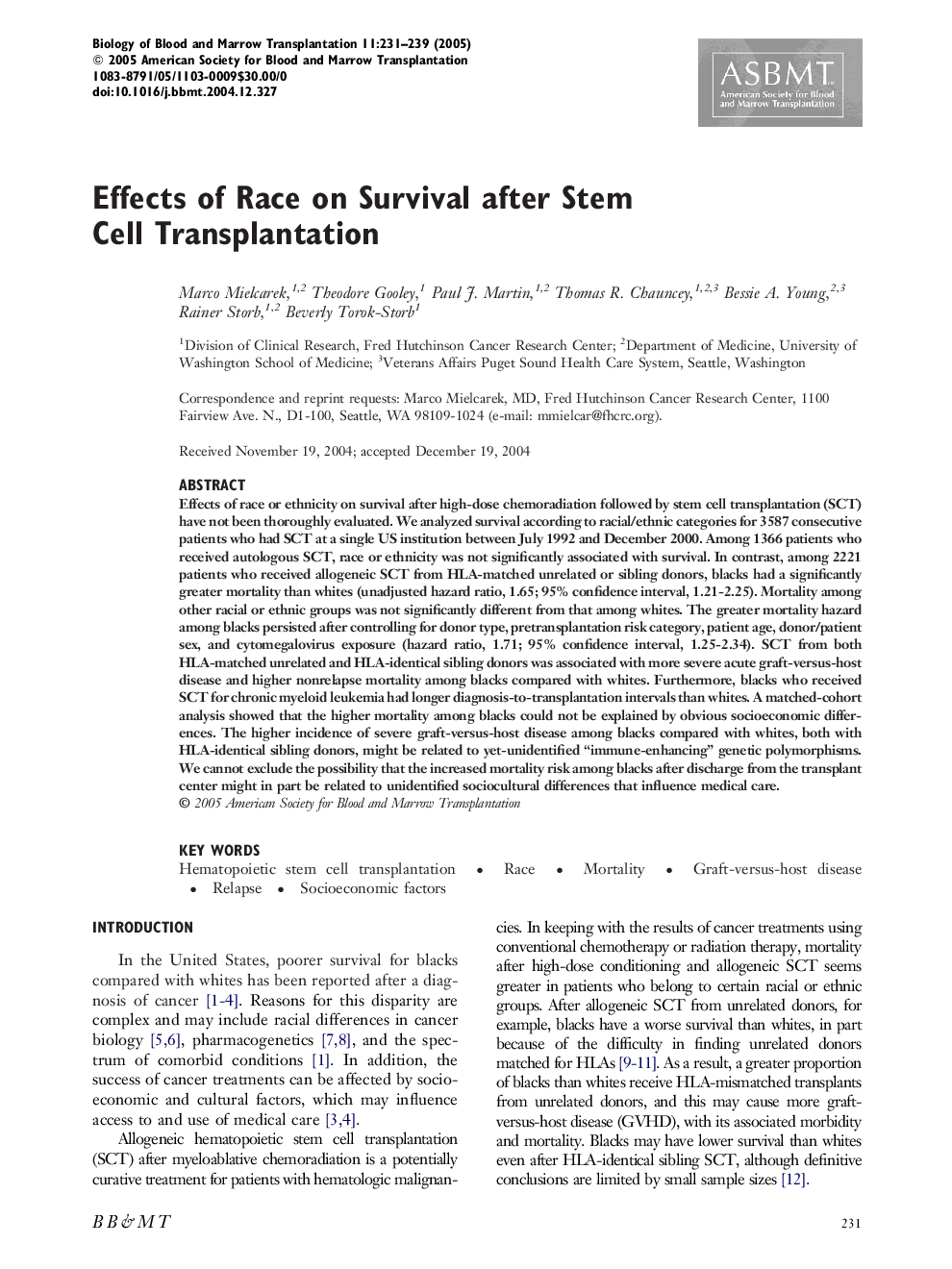 Effects of race on survival after stem cell transplantation