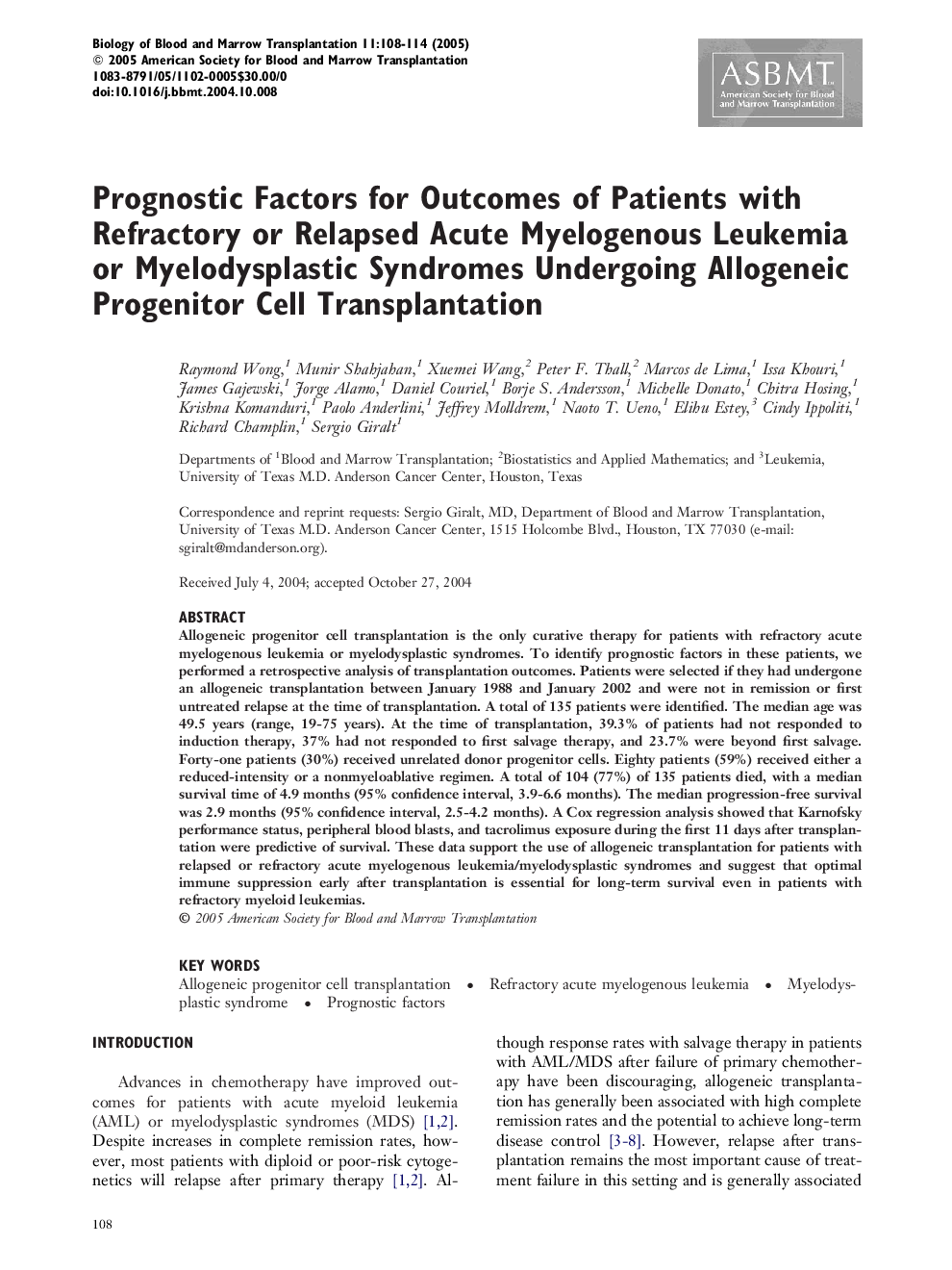 Prognostic factors for outcomes of patients with refractory or relapsed acute myelogenous leukemia or myelodysplastic syndromes undergoing allogeneic progenitor cell transplantation