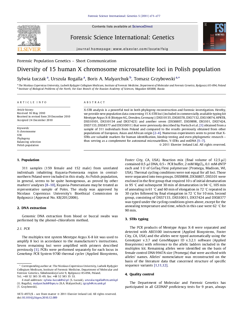 Diversity of 15 human X chromosome microsatellite loci in Polish population