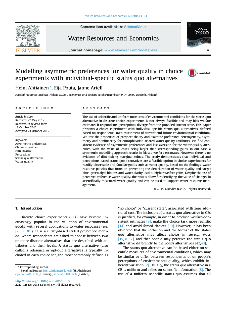 عکس صفحه اول مقاله: Modelling asymmetric preferences for water quality in choice experiments with individual-specific status quo alternatives Modelling asymmetric preferences for water quality in choice experiments with individual-specific status quo alternatives