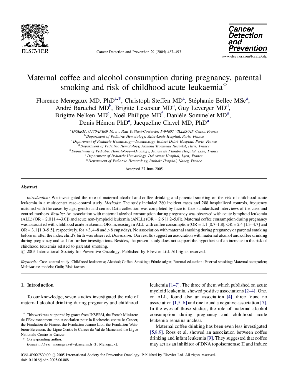 Maternal coffee and alcohol consumption during pregnancy, parental smoking and risk of childhood acute leukaemia