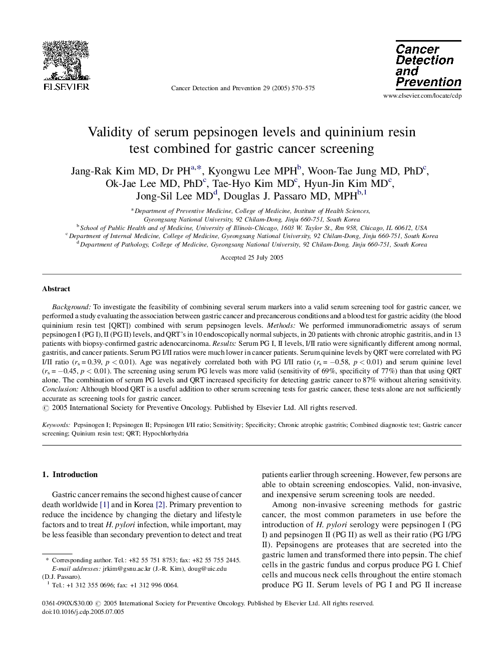 Validity of serum pepsinogen levels and quininium resin test combined for gastric cancer screening