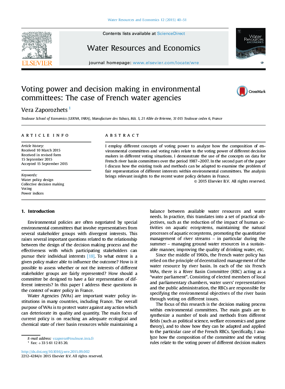 Voting power and decision making in environmental committees: The case of French water agencies