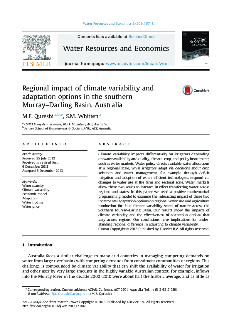 Regional impact of climate variability and adaptation options in the southern Murray-Darling Basin, Australia