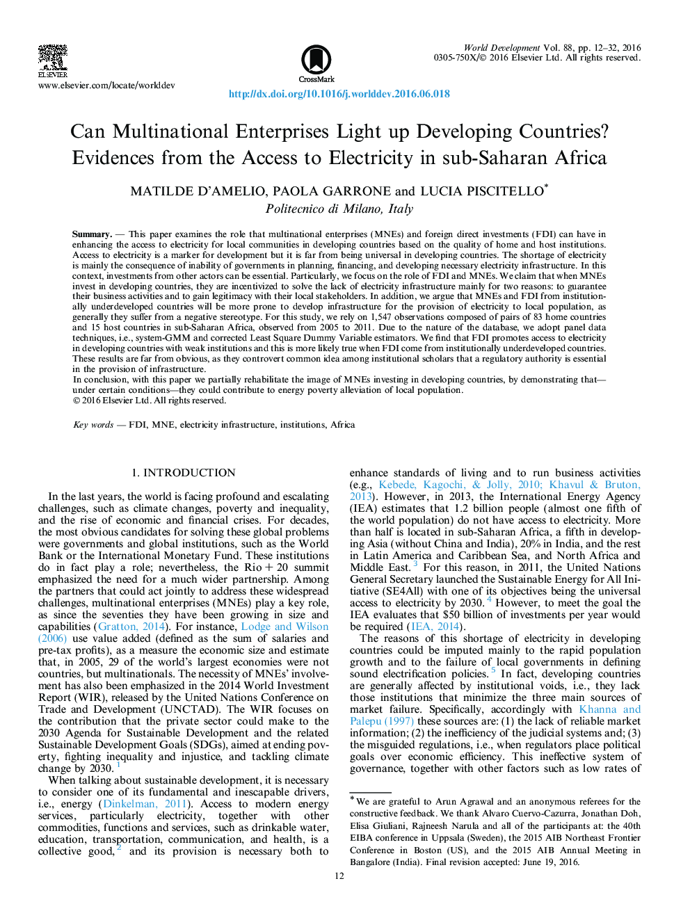 Can Multinational Enterprises Light up Developing Countries?: Evidences from the Access to Electricity in sub-Saharan Africa