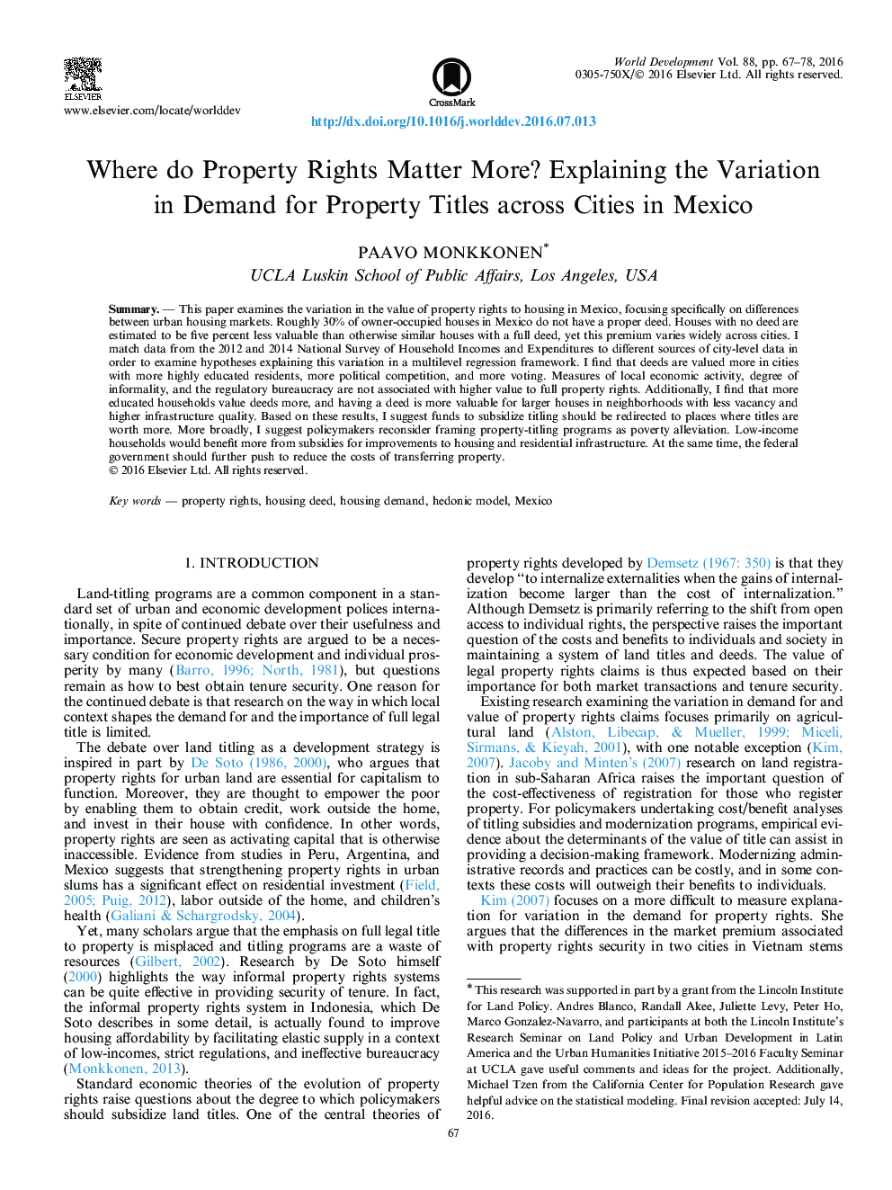Where do Property Rights Matter More? Explaining the Variation in Demand for Property Titles across Cities in Mexico