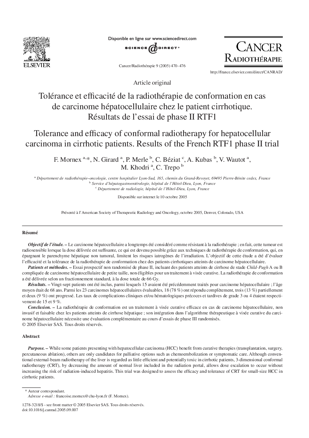 Tolérance et efficacité de la radiothérapie de conformation en cas de carcinome hépatocellulaire chez le patient cirrhotique. Résultats de l'essai de phase II RTF1