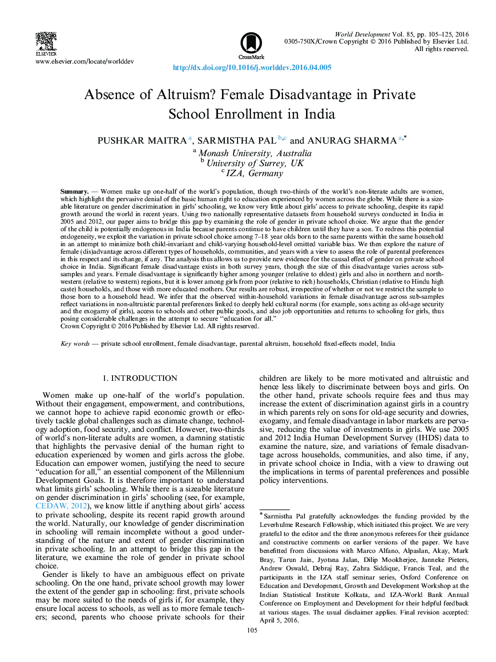 Absence of Altruism? Female Disadvantage in Private School Enrollment in India