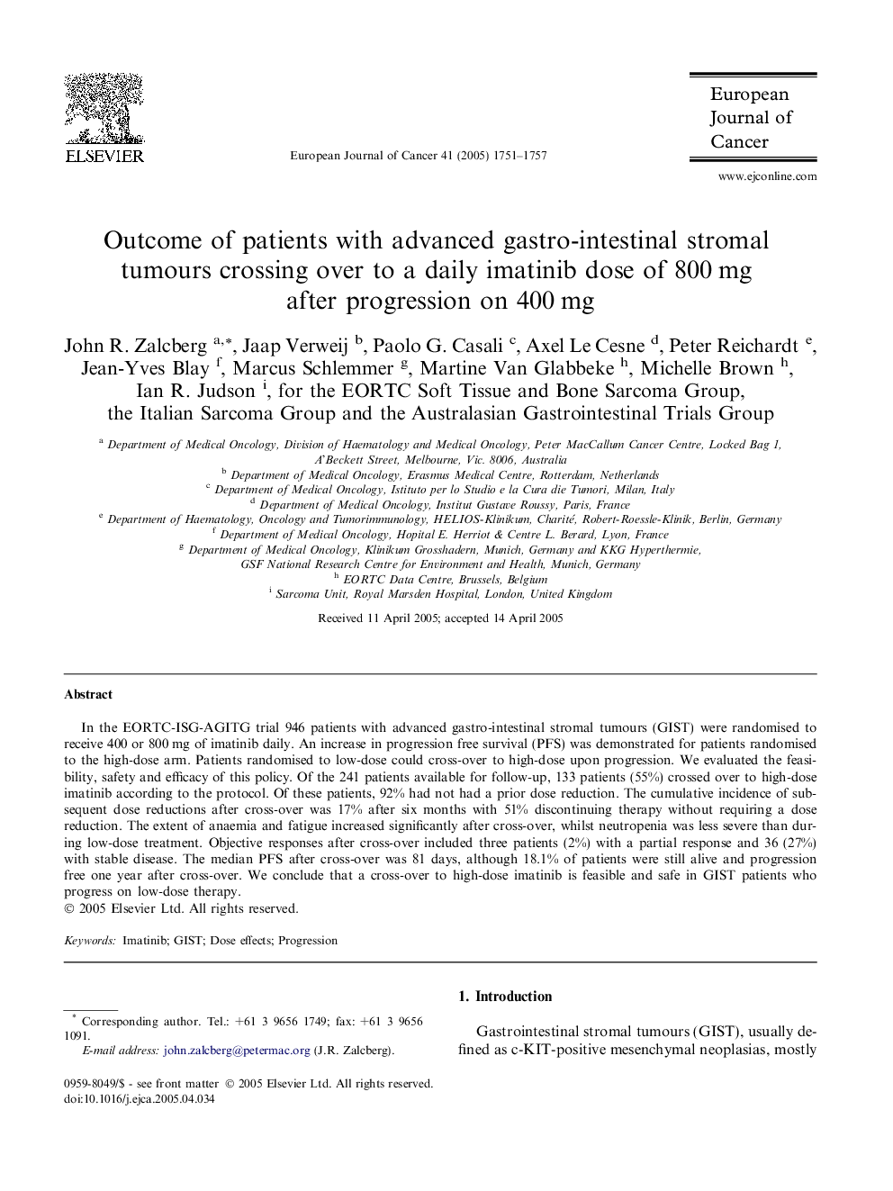 Outcome of patients with advanced gastro-intestinal stromal tumours crossing over to a daily imatinib dose of 800Â mg after progression on 400Â mg