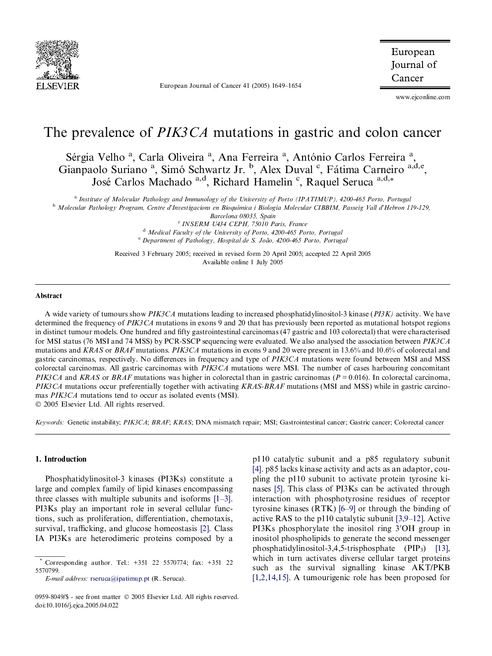 The prevalence of PIK3CA mutations in gastric and colon cancer