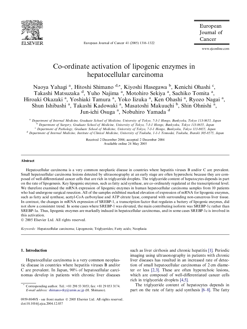 Co-ordinate activation of lipogenic enzymes in hepatocellular carcinoma