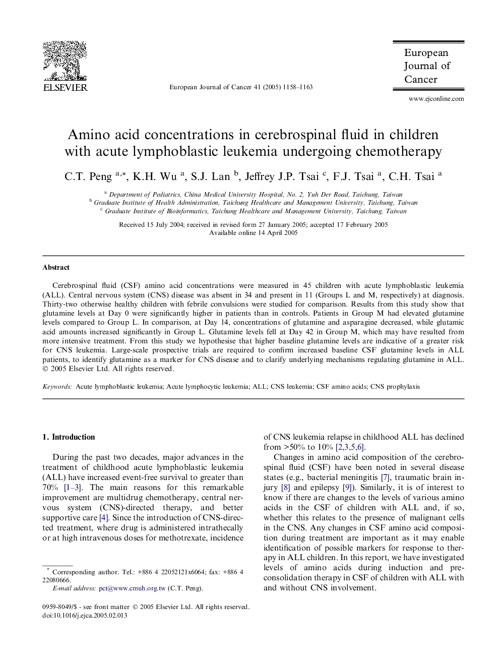 Amino acid concentrations in cerebrospinal fluid in children with acute lymphoblastic leukemia undergoing chemotherapy