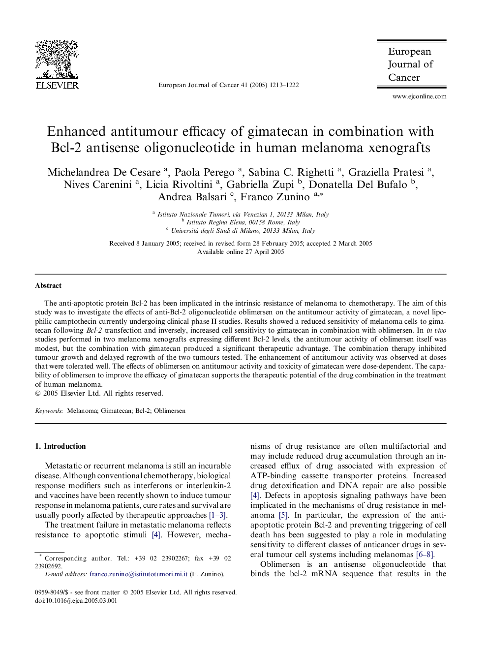 Enhanced antitumour efficacy of gimatecan in combination with Bcl-2 antisense oligonucleotide in human melanoma xenografts