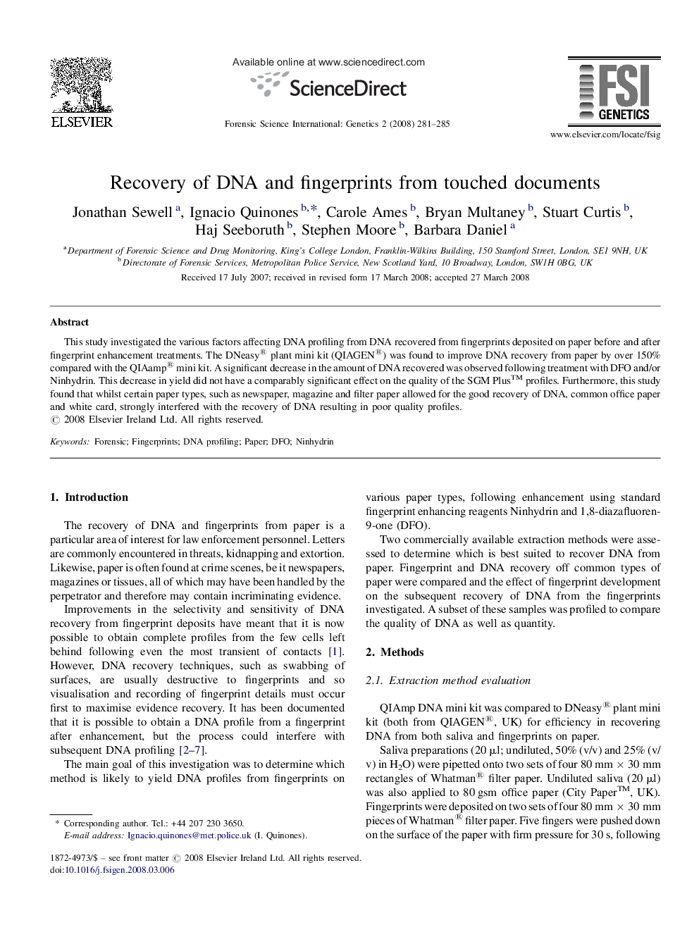 Recovery of DNA and fingerprints from touched documents