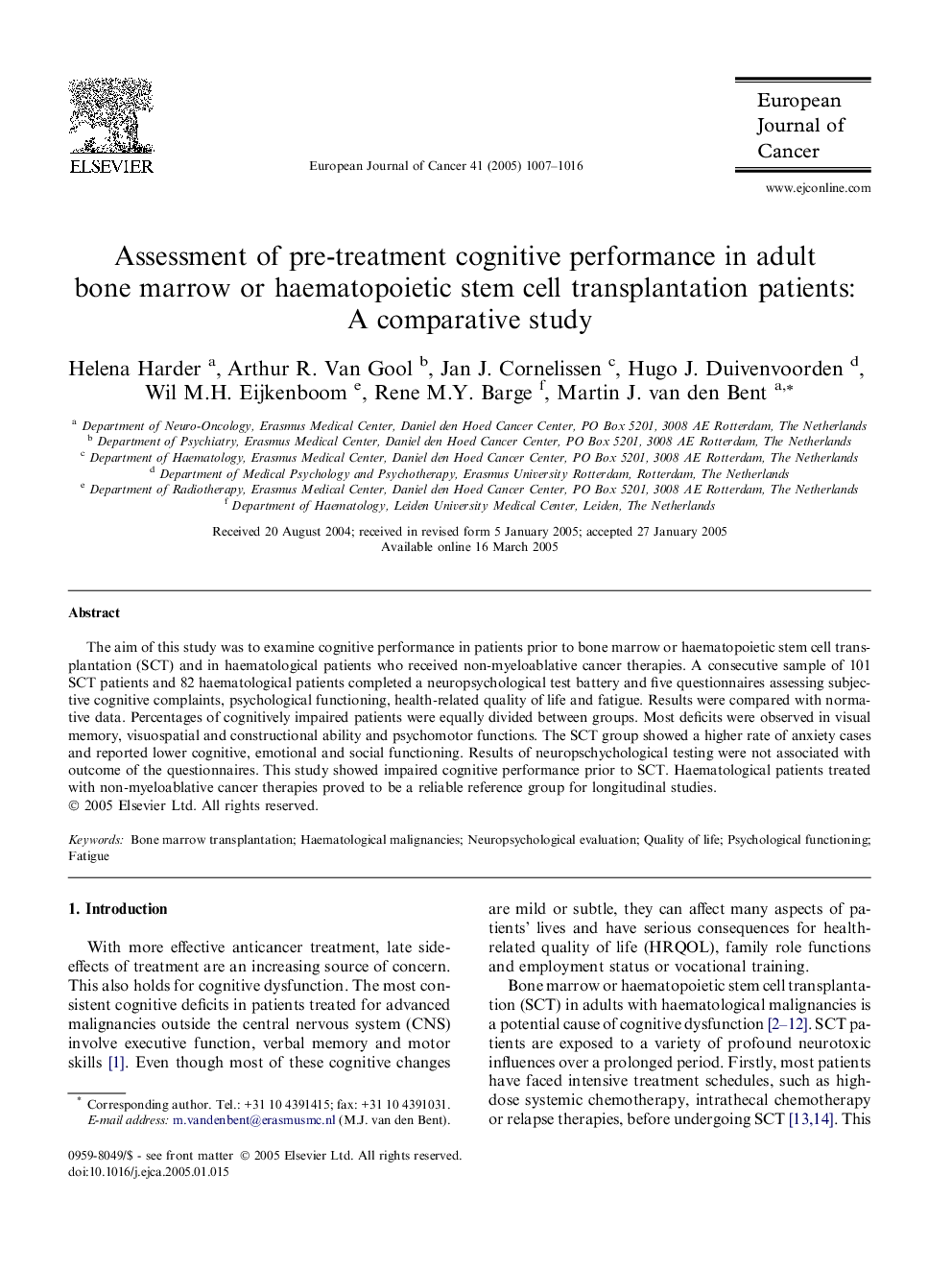 Assessment of pre-treatment cognitive performance in adult bone marrow or haematopoietic stem cell transplantation patients: A comparative study