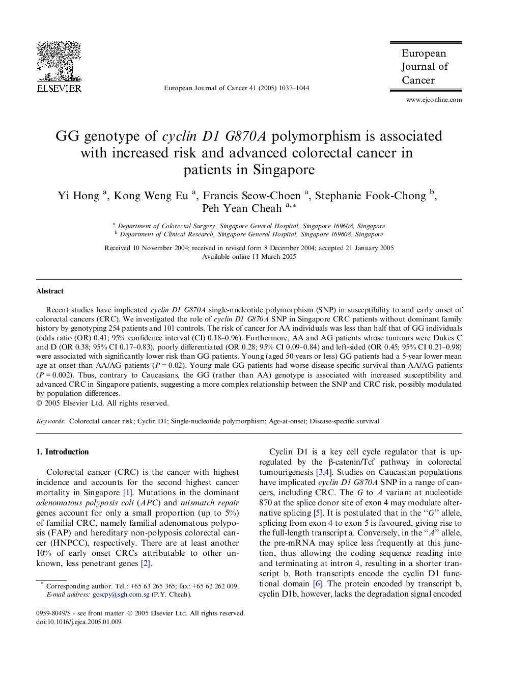 GG genotype of cyclin D1 G870A polymorphism is associated with increased risk and advanced colorectal cancer in patients in Singapore