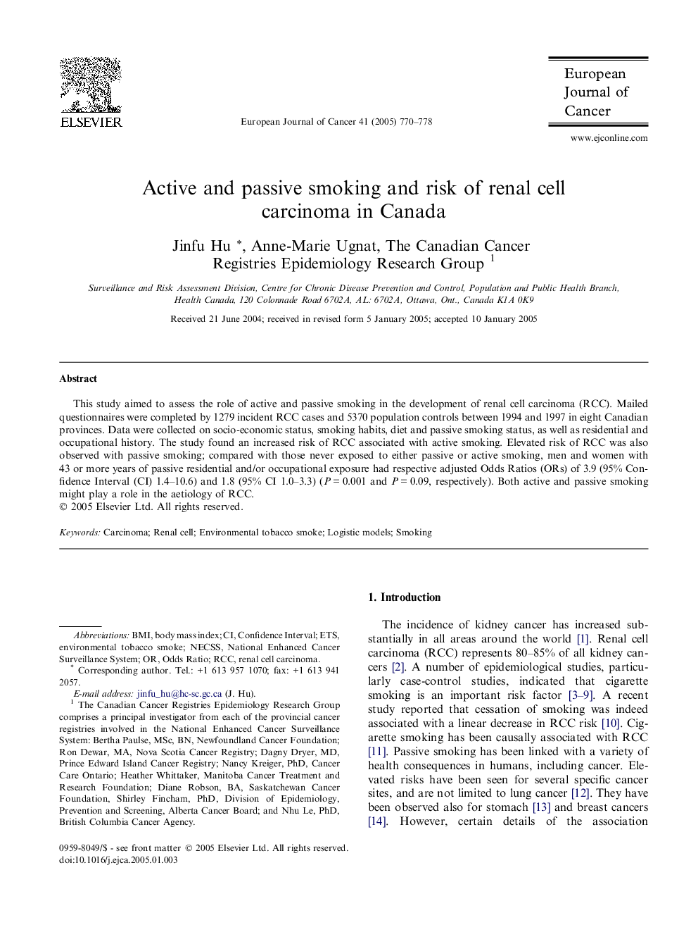 Active and passive smoking and risk of renal cell carcinoma in Canada