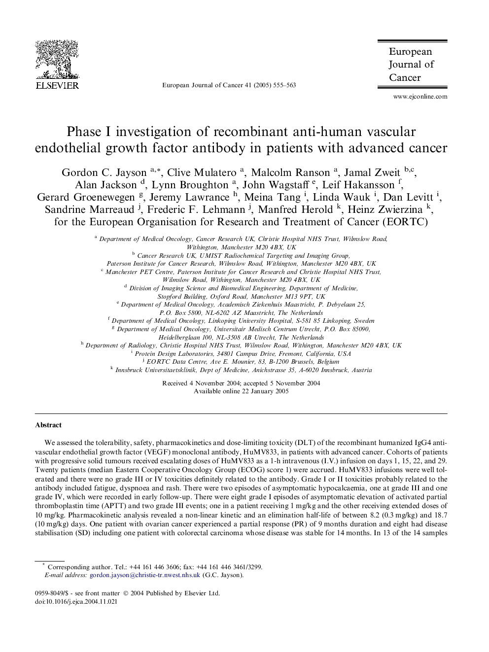 Phase I investigation of recombinant anti-human vascular endothelial growth factor antibody in patients with advanced cancer