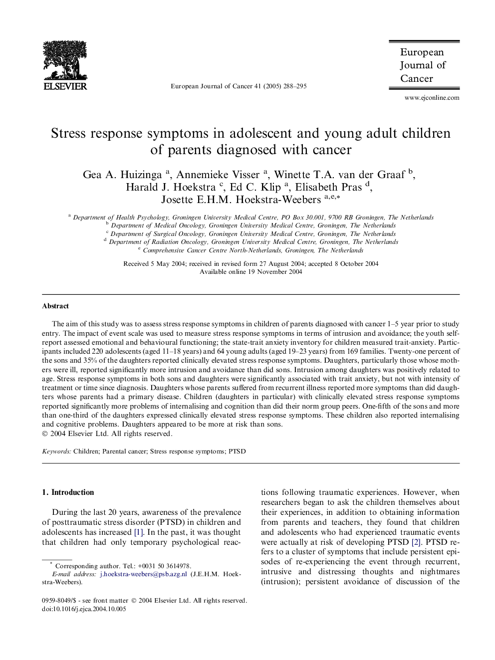 Stress response symptoms in adolescent and young adult children of parents diagnosed with cancer