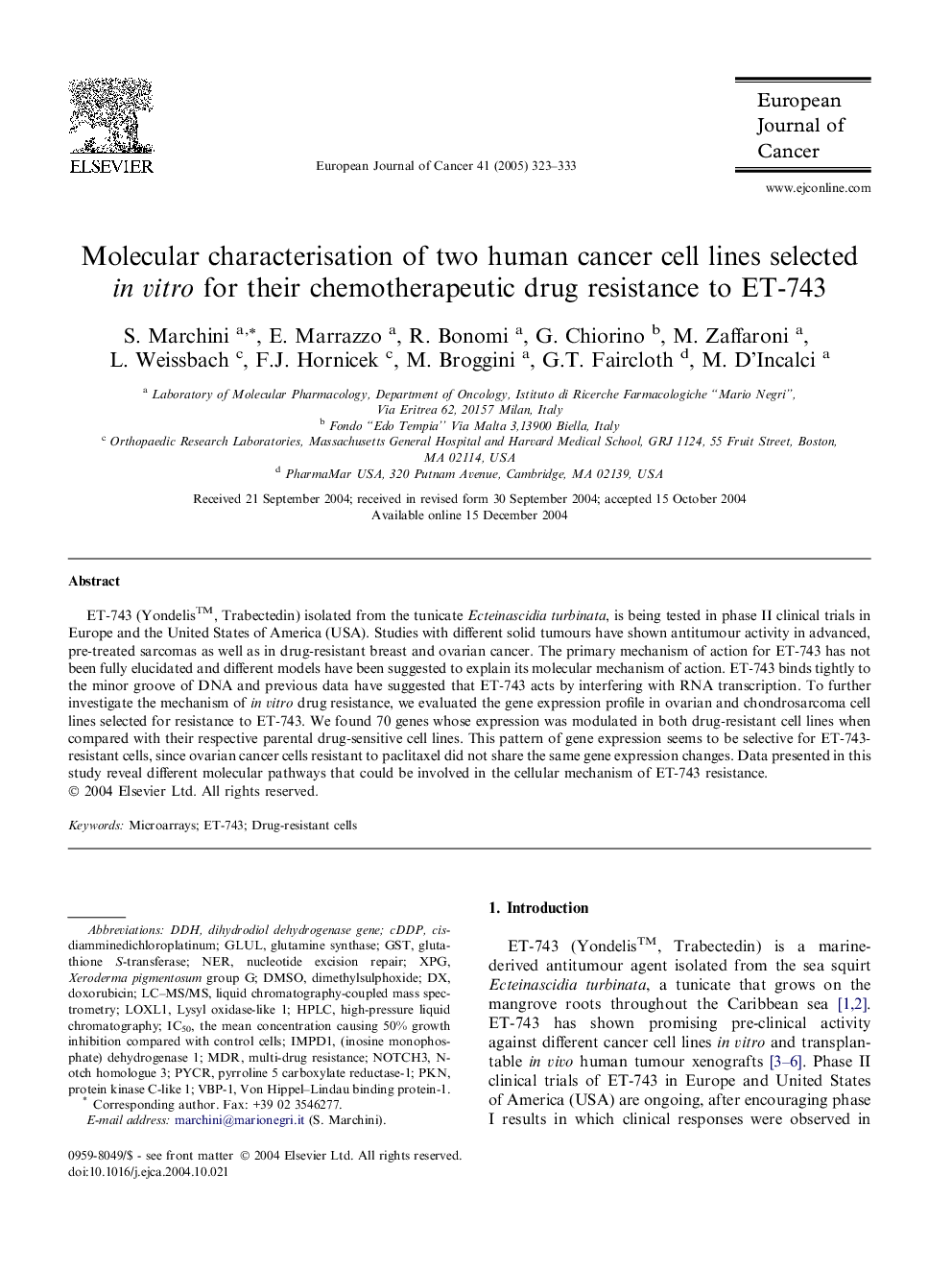 Molecular characterisation of two human cancer cell lines selected in vitro for their chemotherapeutic drug resistance to ET-743