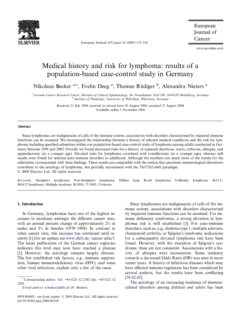 Medical history and risk for lymphoma: results of a population-based case-control study in Germany