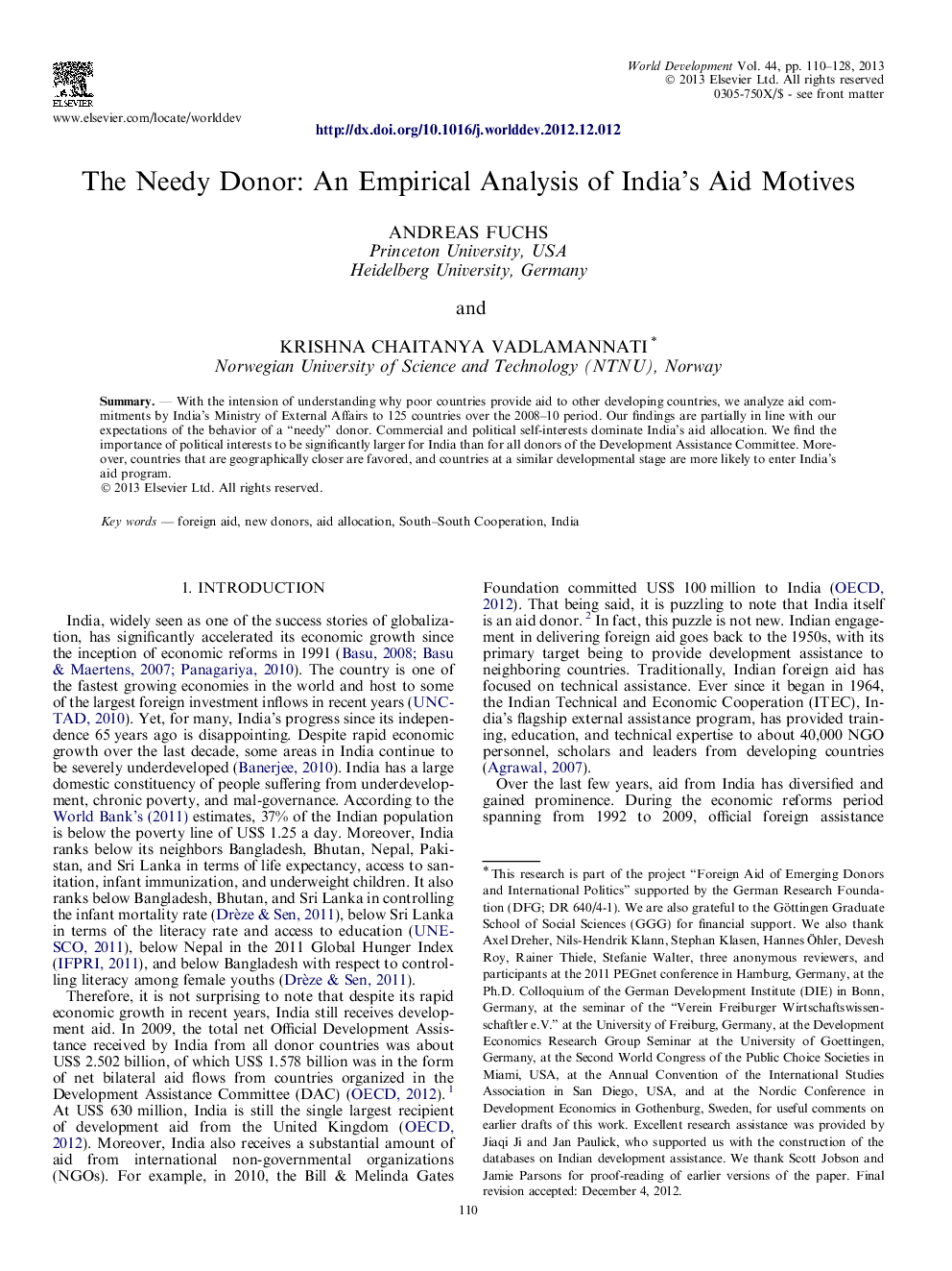 The Needy Donor: An Empirical Analysis of India’s Aid Motives