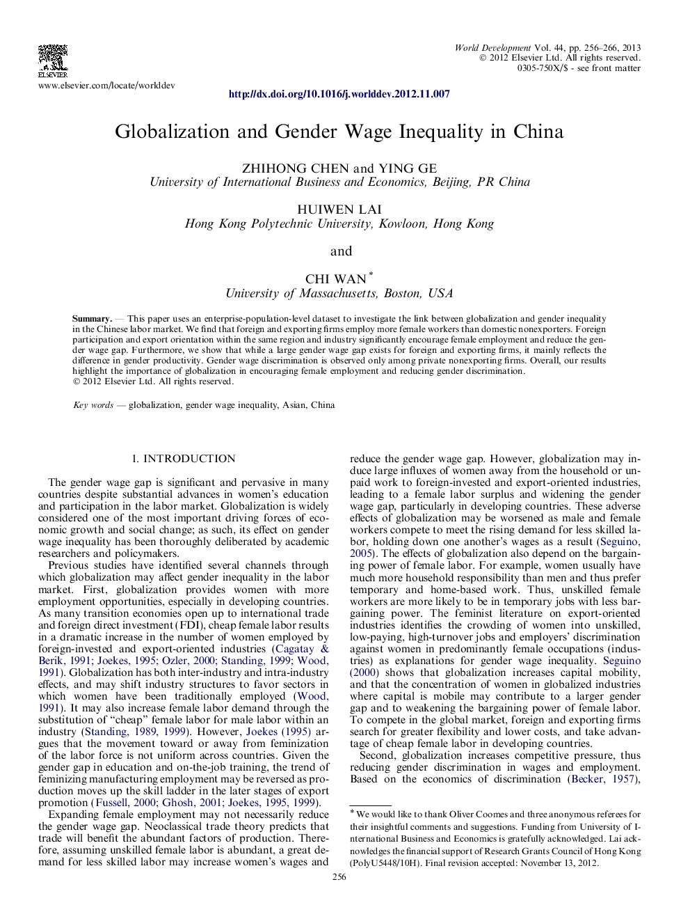 Globalization and Gender Wage Inequality in China