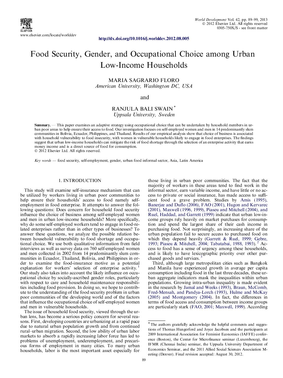 Food Security, Gender, and Occupational Choice among Urban Low-Income Households