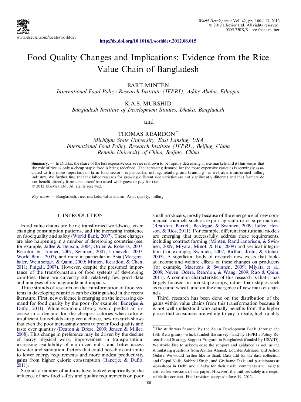 Food Quality Changes and Implications: Evidence from the Rice Value Chain of Bangladesh