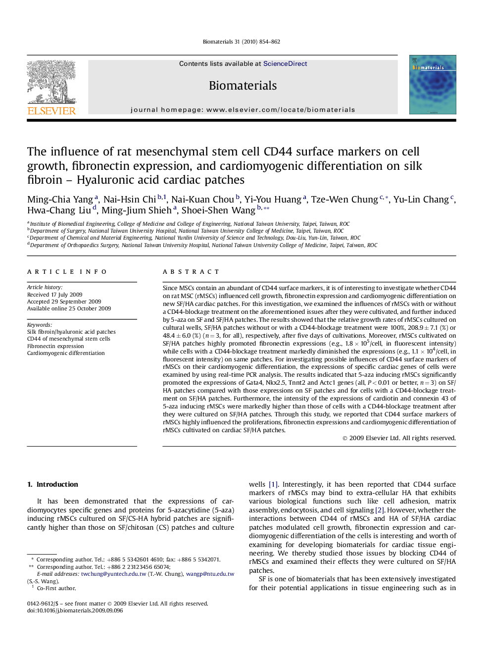 The influence of rat mesenchymal stem cell CD44 surface markers on cell growth, fibronectin expression, and cardiomyogenic differentiation on silk fibroin – Hyaluronic acid cardiac patches