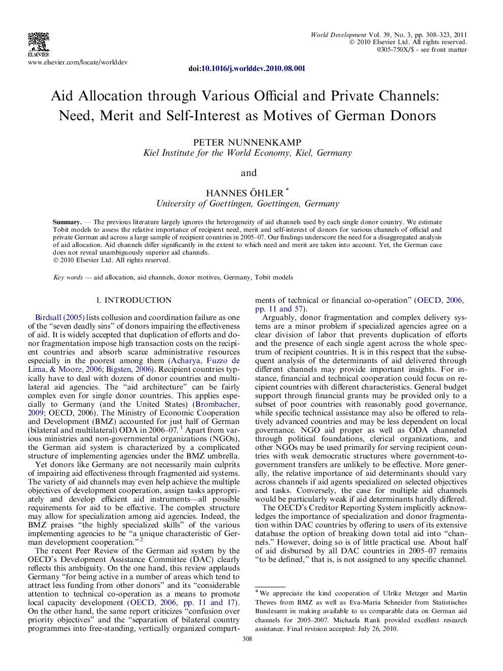 Aid Allocation through Various Official and Private Channels: Need, Merit, and Self-Interest as Motives of German Donors