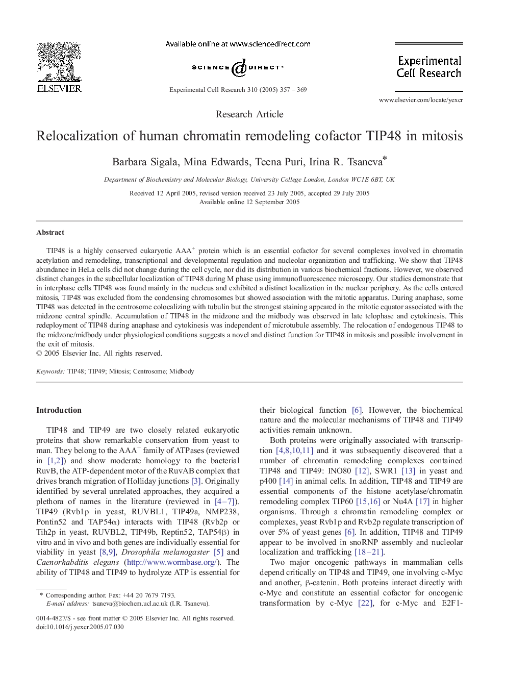 Relocalization of human chromatin remodeling cofactor TIP48 in mitosis