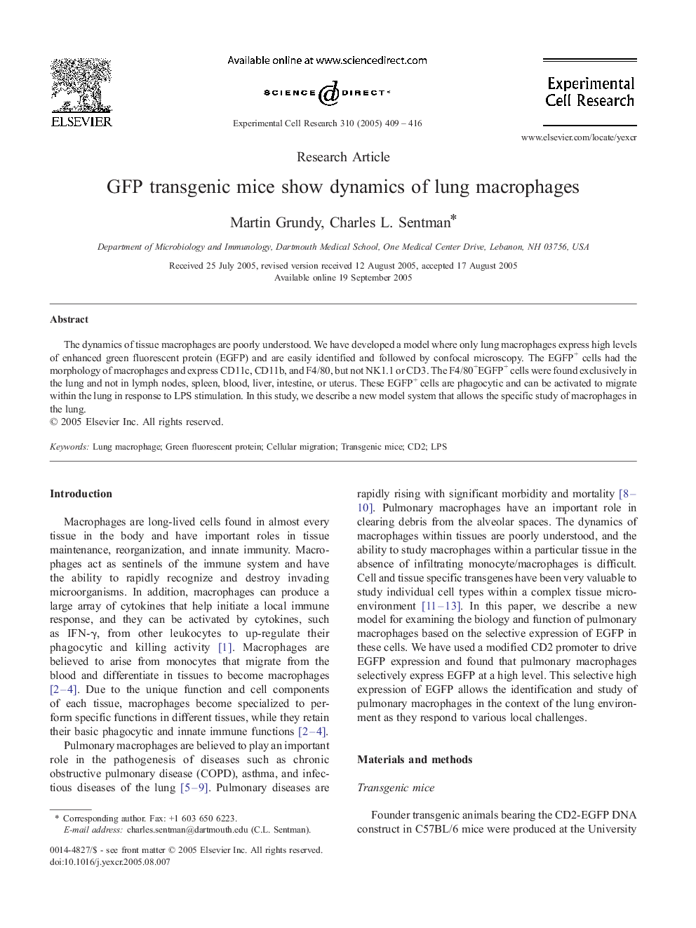 عکس صفحه اول مقاله: GFP transgenic mice show dynamics of lung macrophages GFP transgenic mice show dynamics of lung macrophages