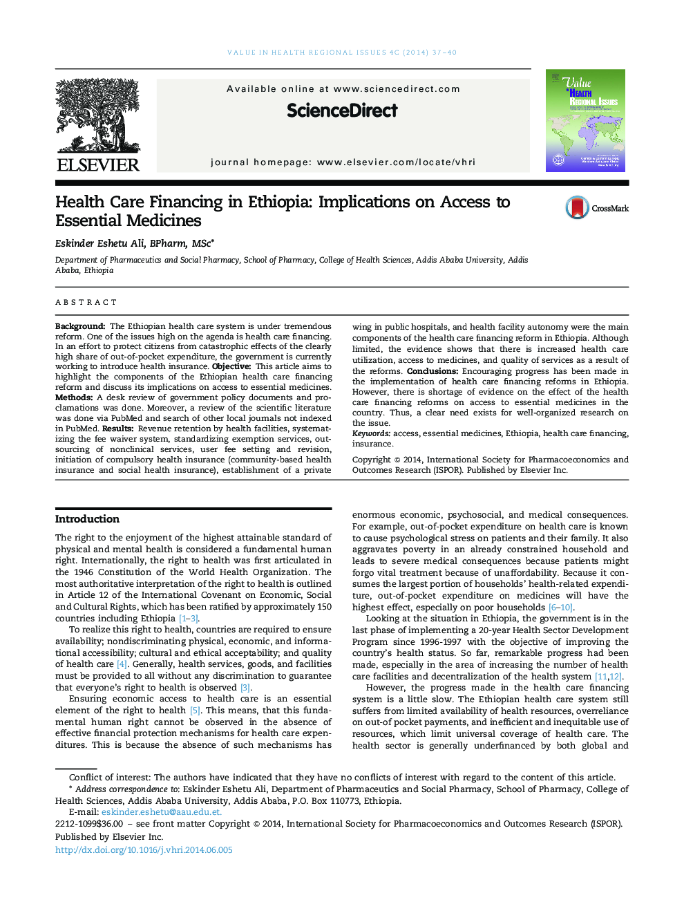 Health Care Financing in Ethiopia: Implications on Access to Essential Medicines 