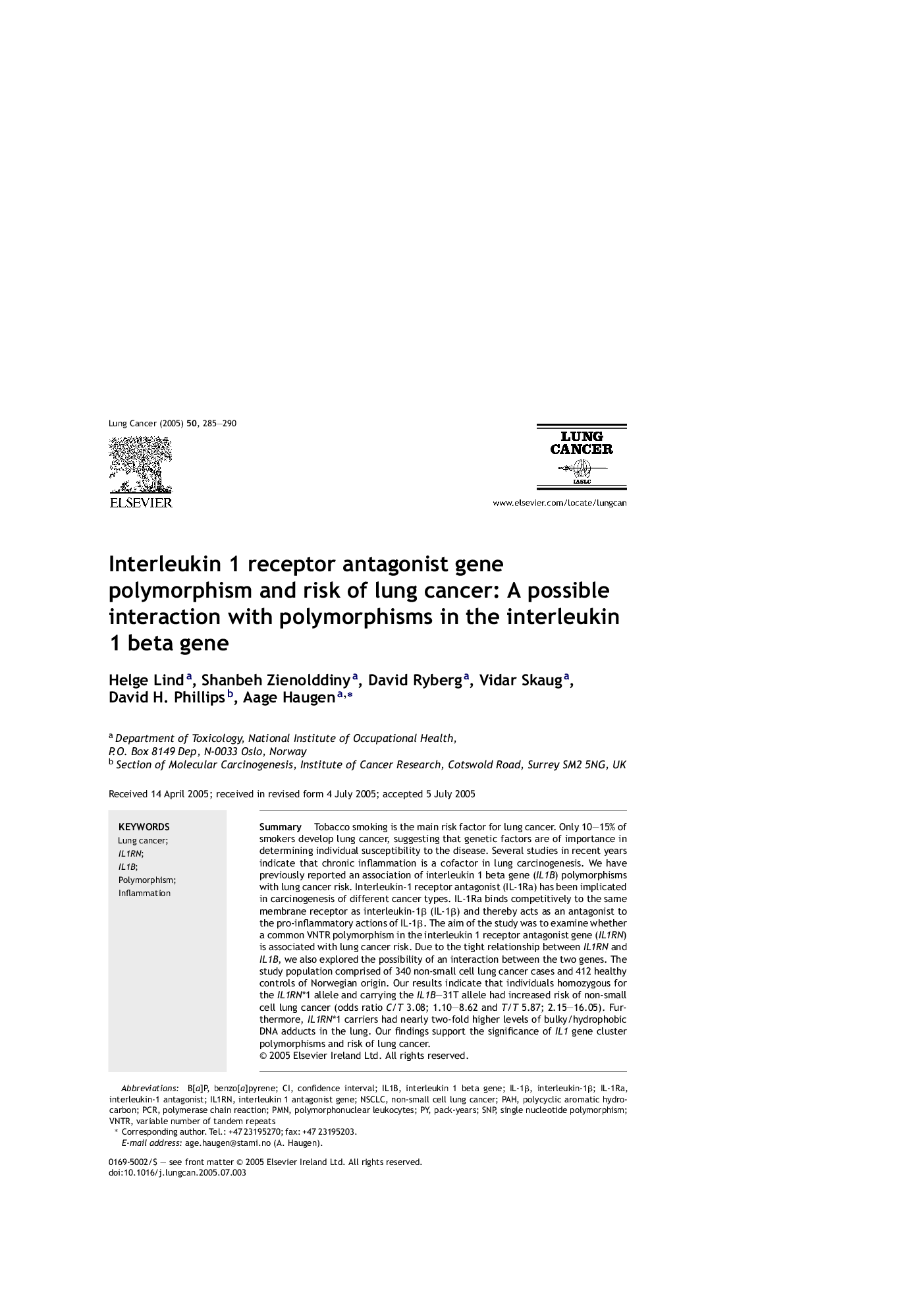 Interleukin 1 receptor antagonist gene polymorphism and risk of lung cancer: A possible interaction with polymorphisms in the interleukin 1 beta gene