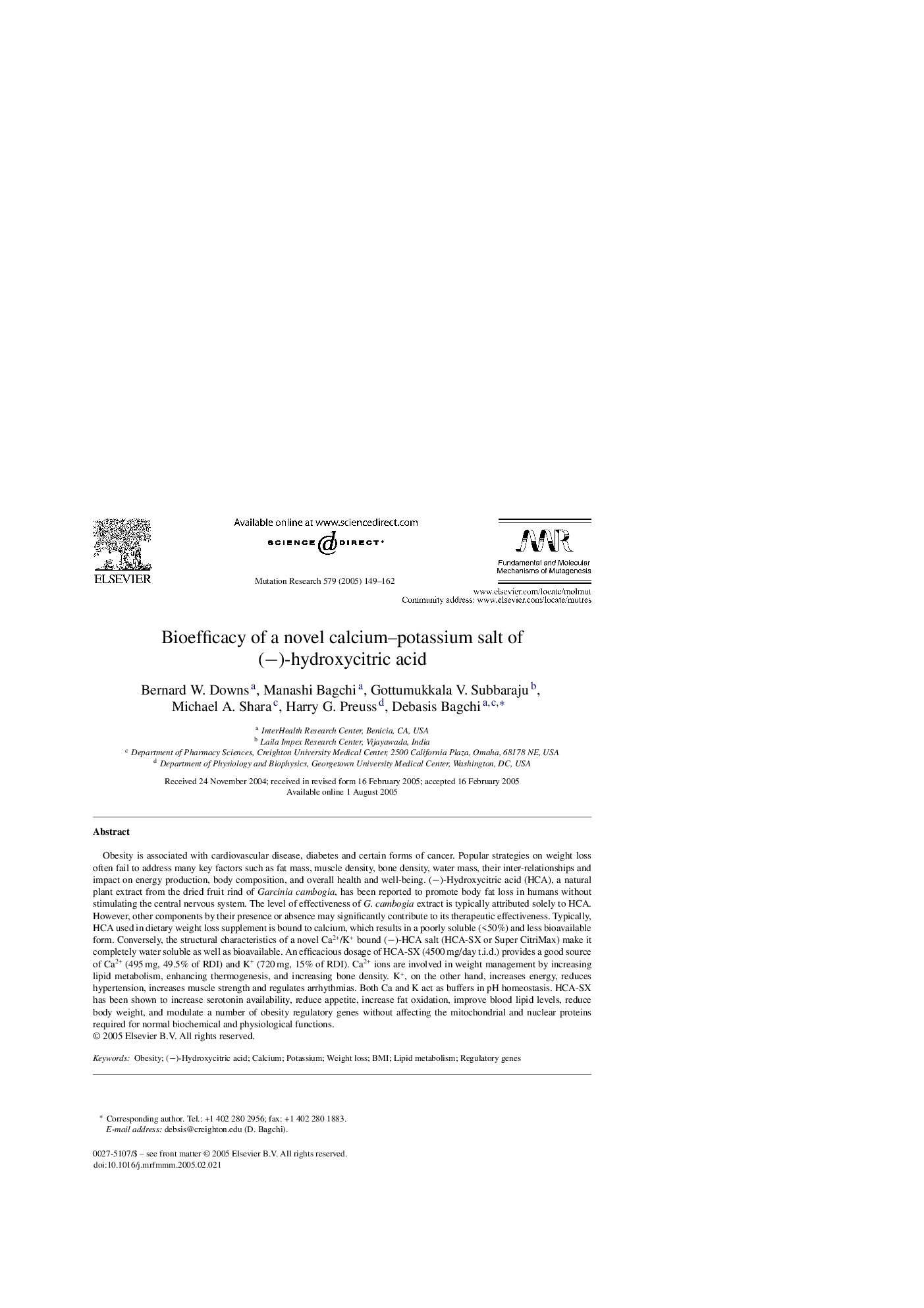 Bioefficacy of a novel calcium-potassium salt of (â)-hydroxycitric acid