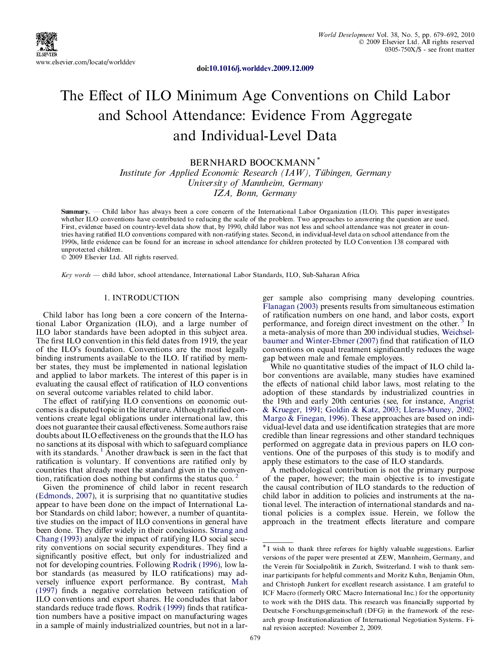 The Effect of ILO Minimum Age Conventions on Child Labor and School Attendance: Evidence From Aggregate and Individual-Level Data