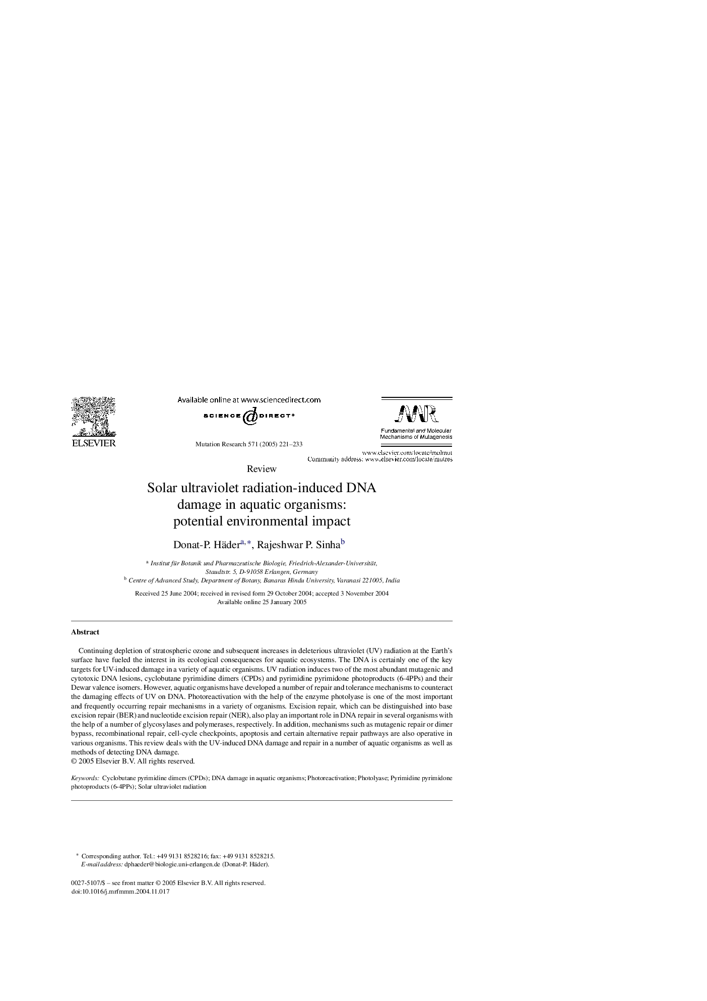 عکس صفحه اول مقاله: Solar ultraviolet radiation-induced DNA damage in aquatic organisms: potential environmental impact Solar ultraviolet radiation-induced DNA damage in aquatic organisms: potential environmental impact