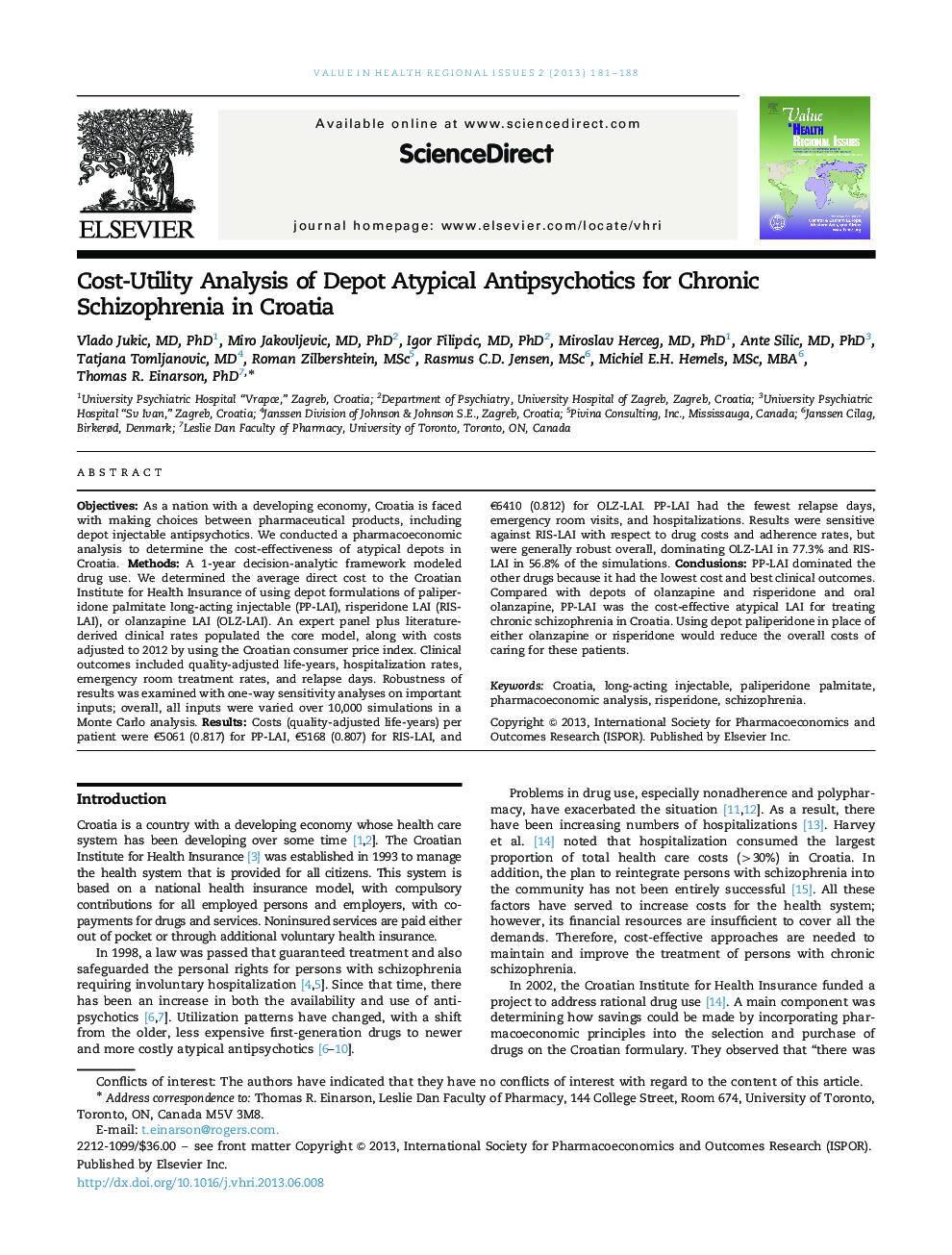 Cost-Utility Analysis of Depot Atypical Antipsychotics for Chronic Schizophrenia in Croatia