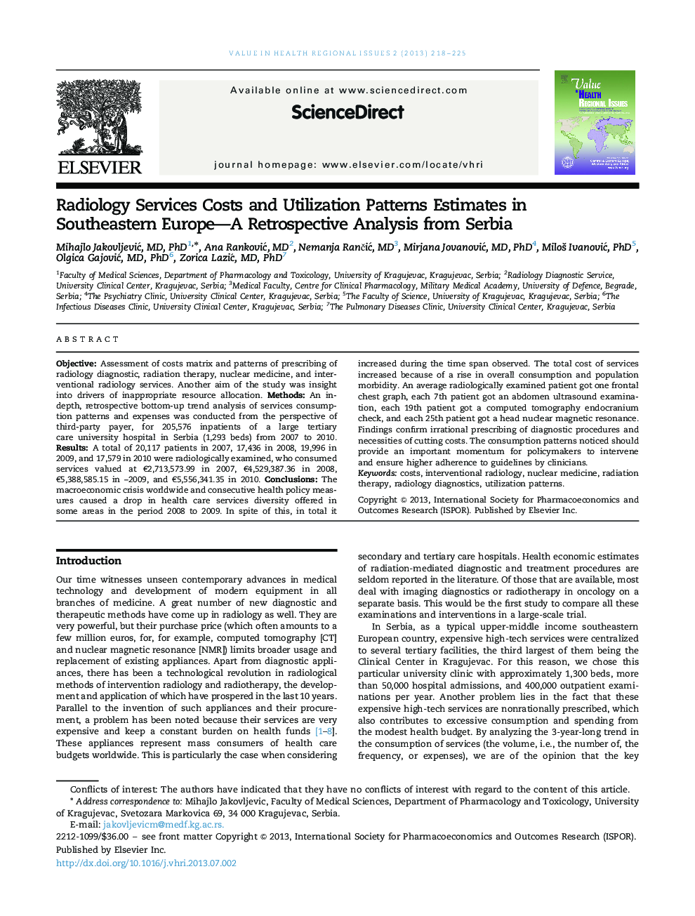 برآورد هزینه های خدمات رادیولوژی و الگوهای استفاده در اروپای جنوب شرقی؛ تحلیل یکپارچه از صربستان