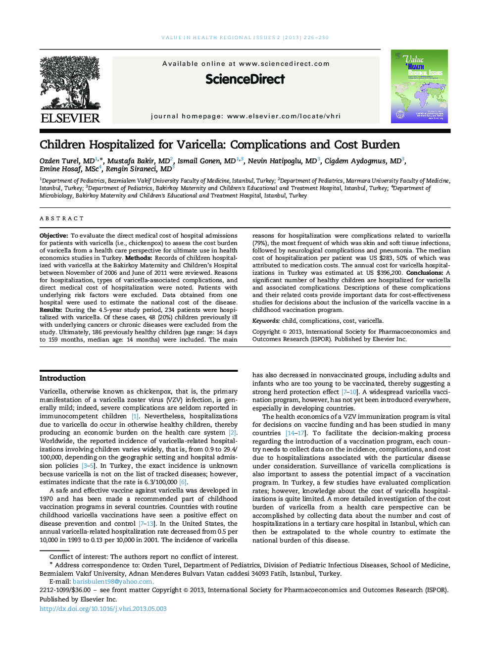 Children Hospitalized for Varicella: Complications and Cost Burden 