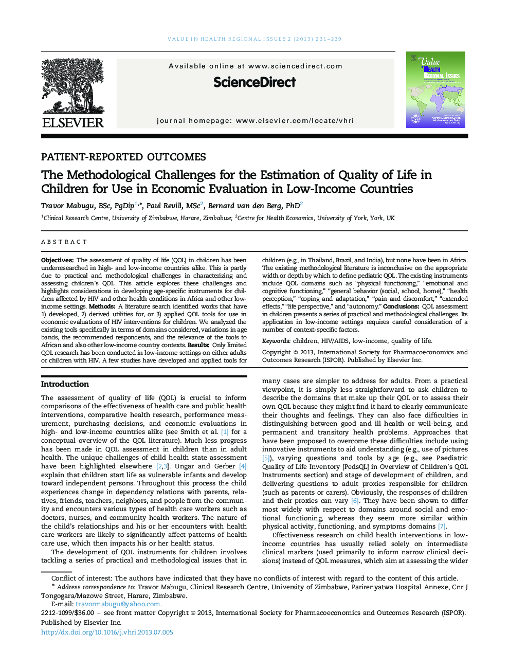 The Methodological Challenges for the Estimation of Quality of Life in Children for Use in Economic Evaluation in Low-Income Countries