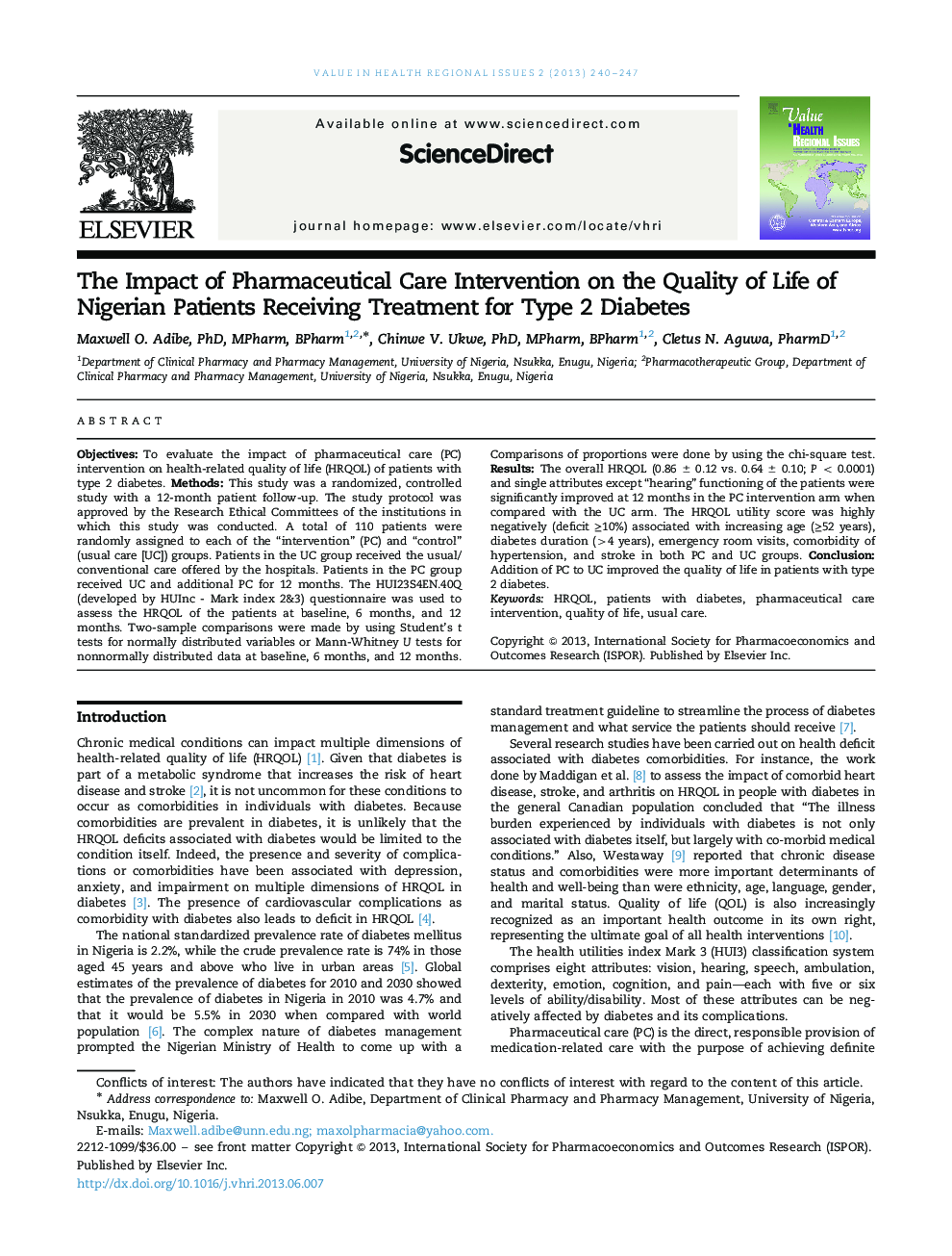 The Impact of Pharmaceutical Care Intervention on the Quality of Life of Nigerian Patients Receiving Treatment for Type 2 Diabetes 