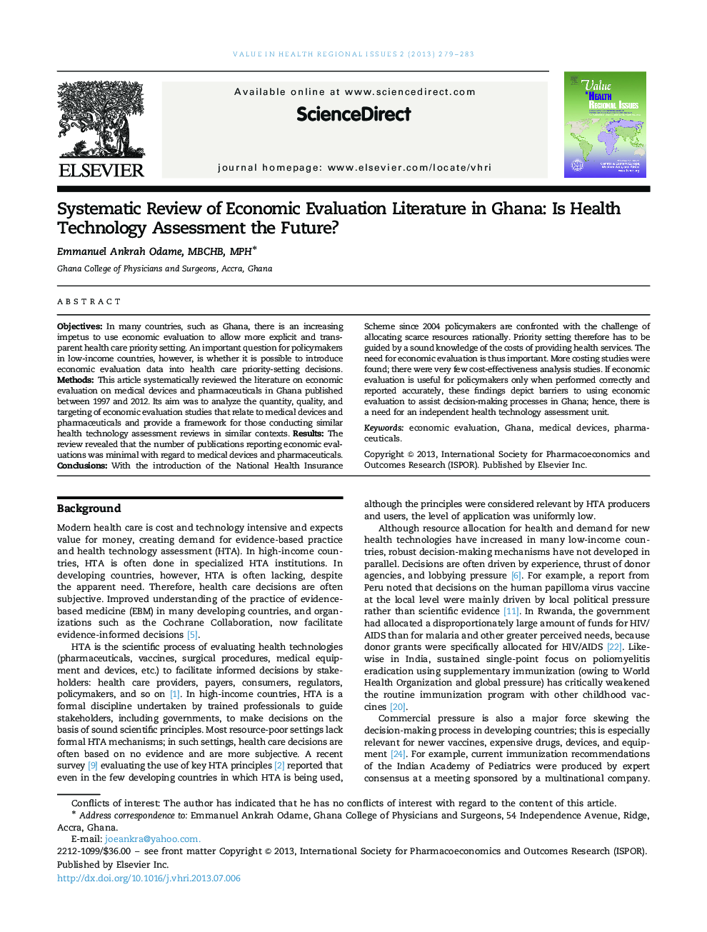 Systematic Review of Economic Evaluation Literature in Ghana: Is Health Technology Assessment the Future? 